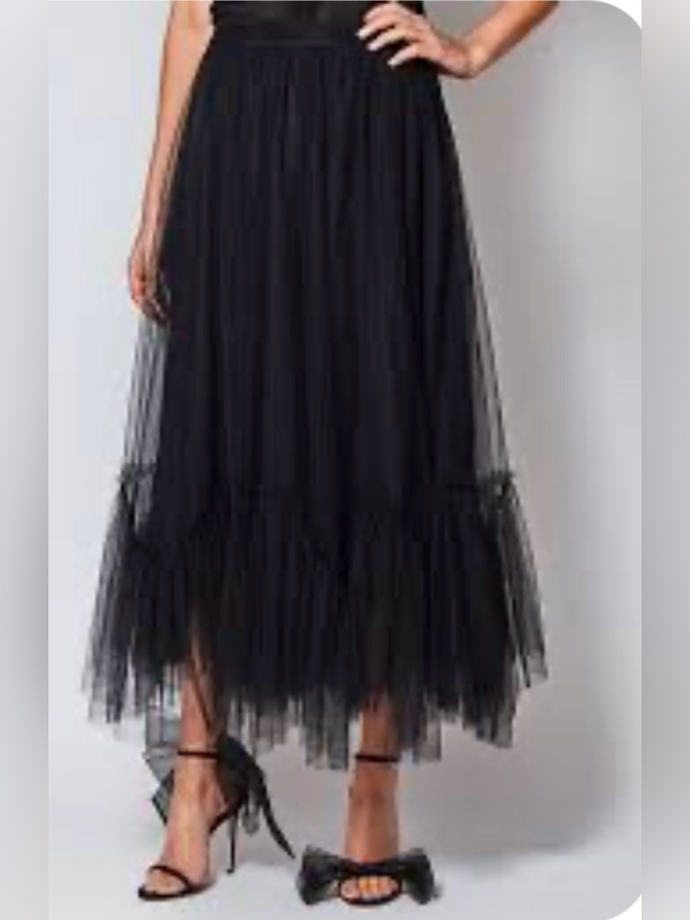 Black Pleated Tulle Midi Fairycore Skirt with Lace Trim - Size 44 (L)
